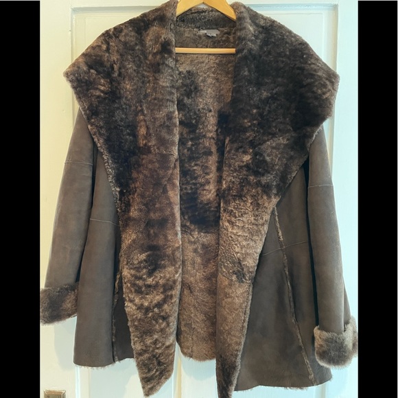 VINCE Shearling Jacket with Hood in Chocolate Brown - Size L - Picture 2 of 7